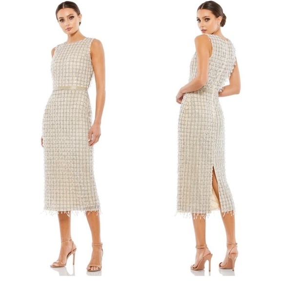 Mac Duggal 5471 Sleeveless High Neck Beaded Midi Sheath Dress NWT Nude - Picture 1 of 11